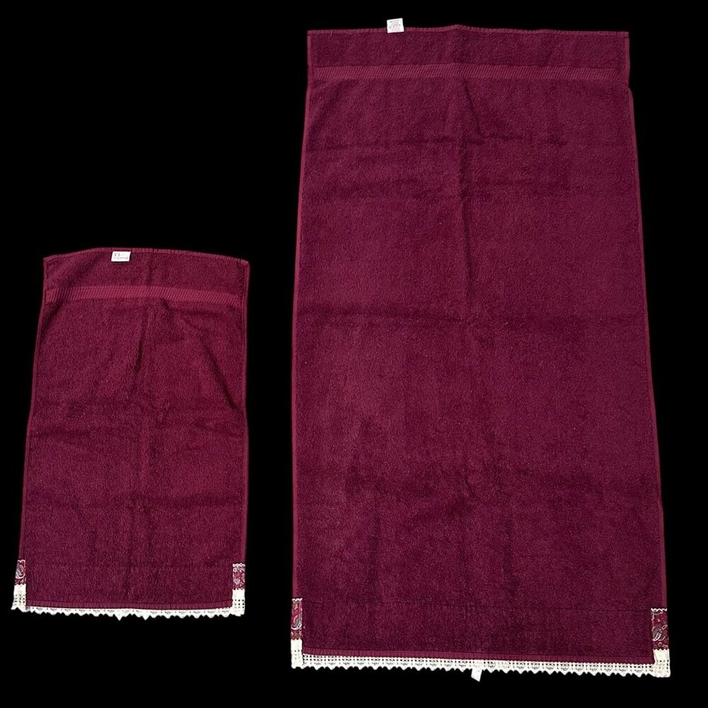 Vintage Burgundy Bath Hand Towel Set Paisley Lace Bow Trim Maroon Red Dundee USA - Picture 5 of 9